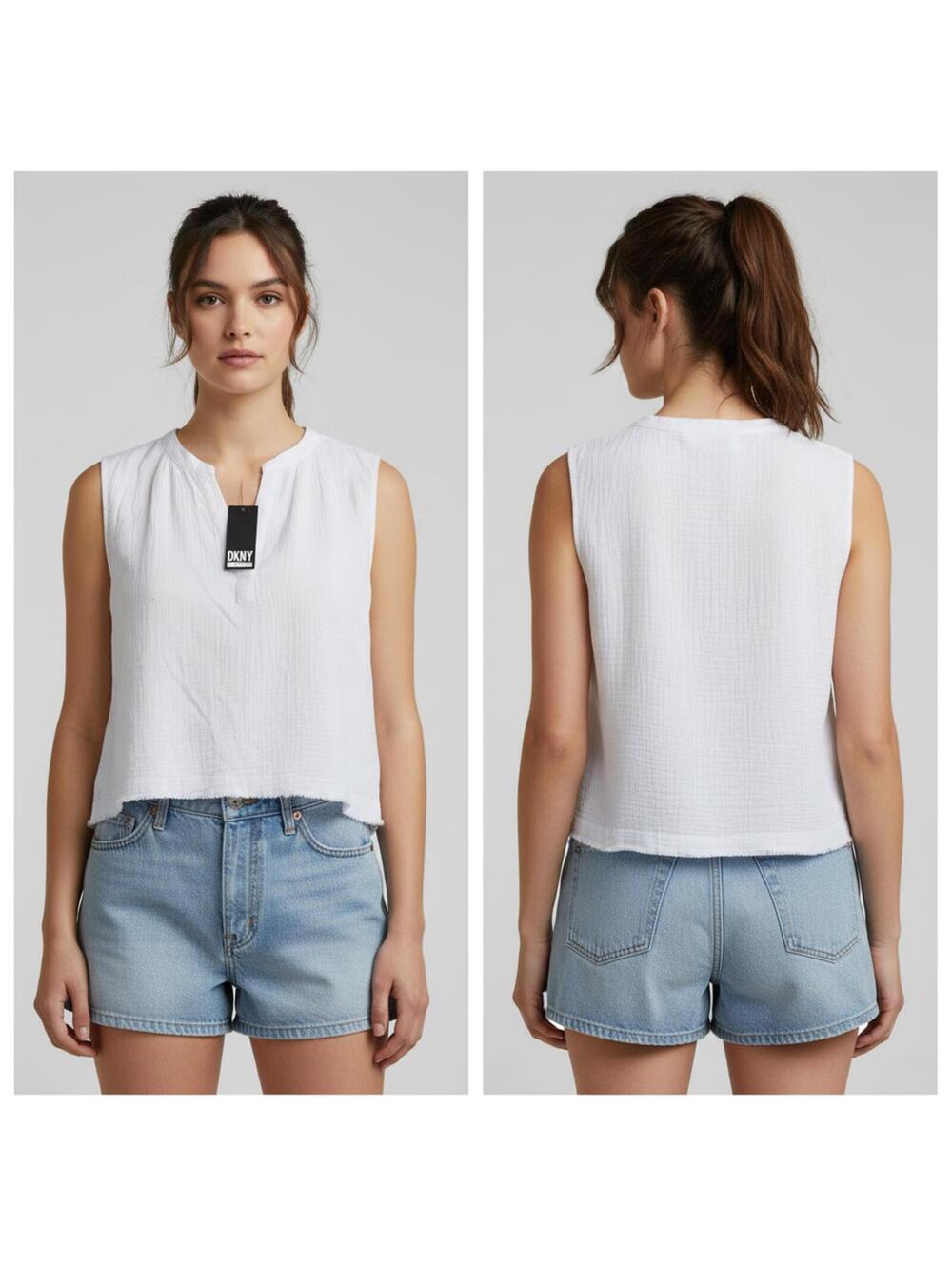 DKNY Jeans White Sleeveless Top Raw Hem Textured Cotton Blend XL